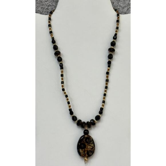 Vintage Brown Gold Art Glass Statement Necklace 16" #65106 - Picture 1 of 6